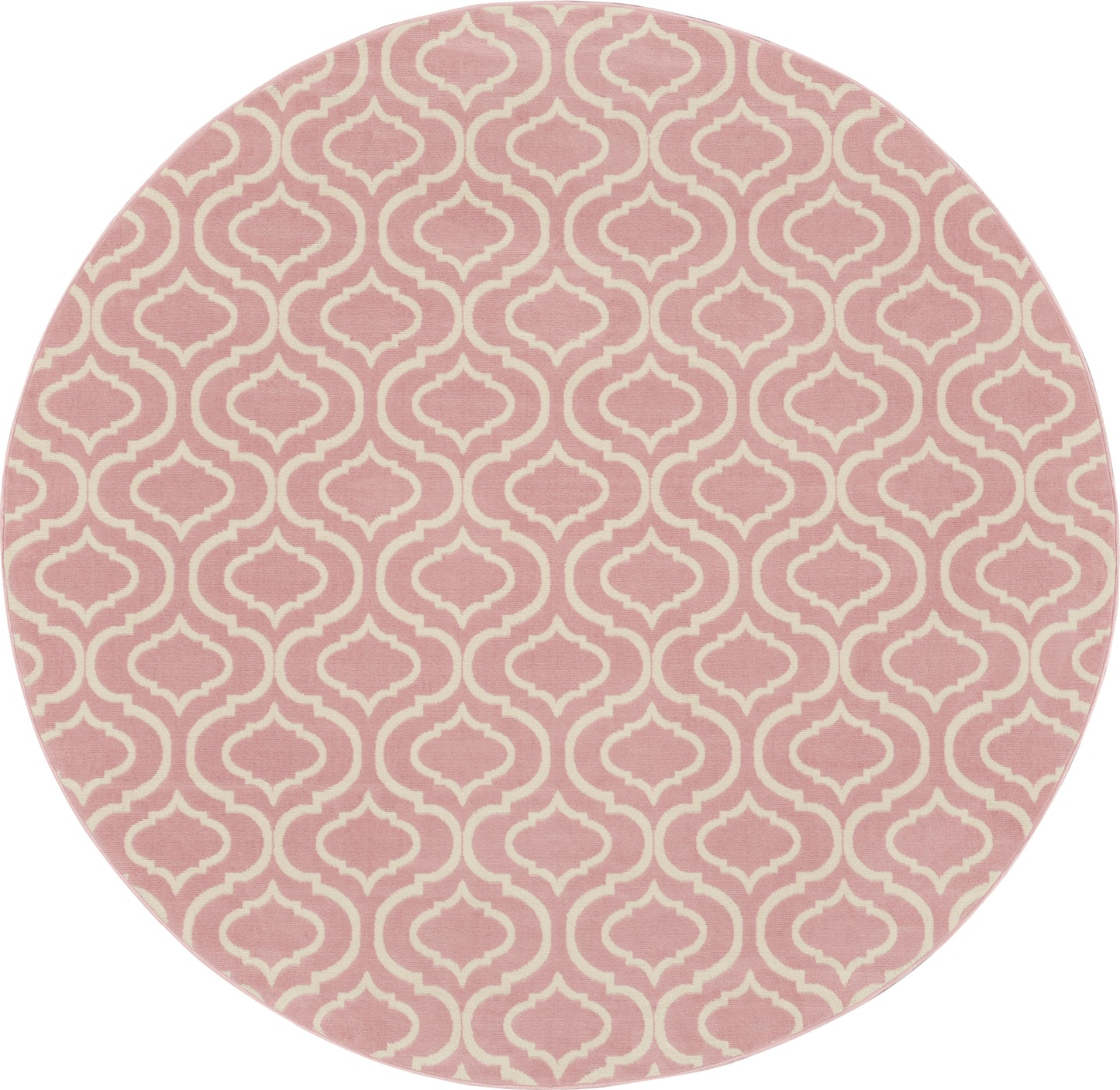 Round pink rug with white trellis geometric pattern, modern decorative rug.