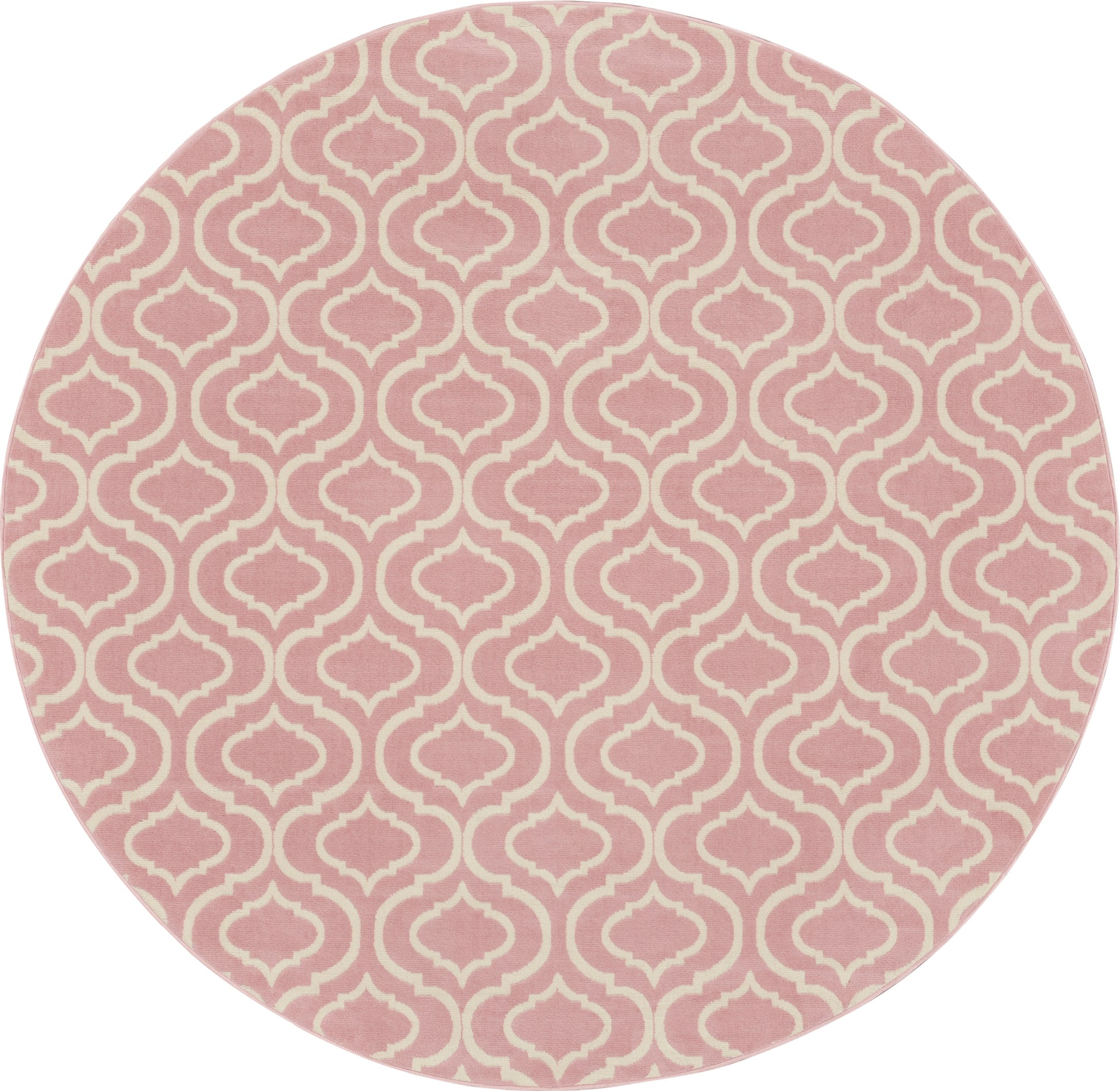 Round pink rug with white trellis geometric pattern, modern decorative rug.