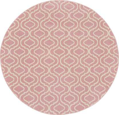Round pink rug with white trellis geometric pattern, modern decorative rug.