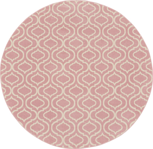 Round pink rug with white trellis geometric pattern, modern decorative rug.