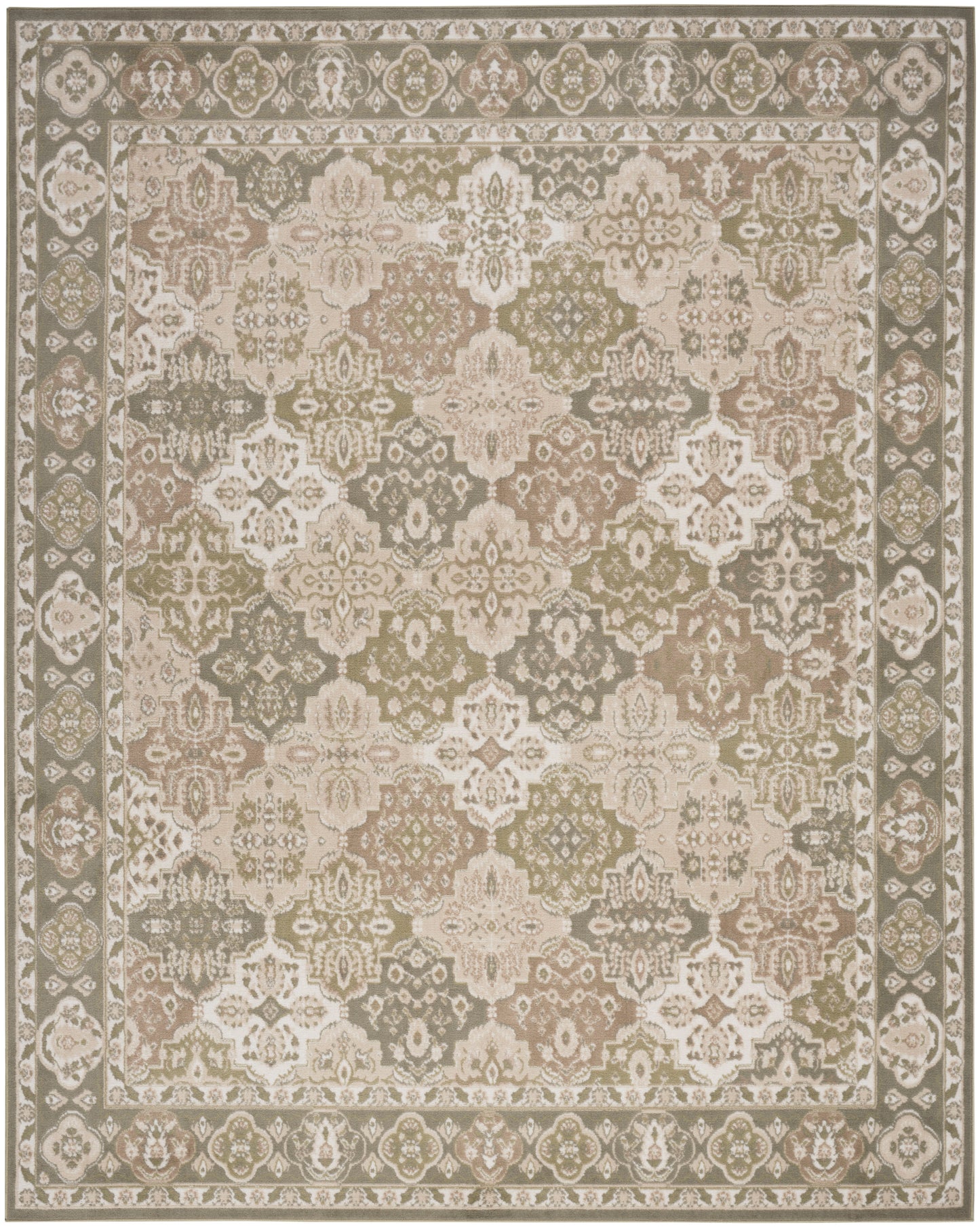 Rectangular oriental area rug with ivory, beige, sage & taupe floral medallion pattern & distressed layered borders
