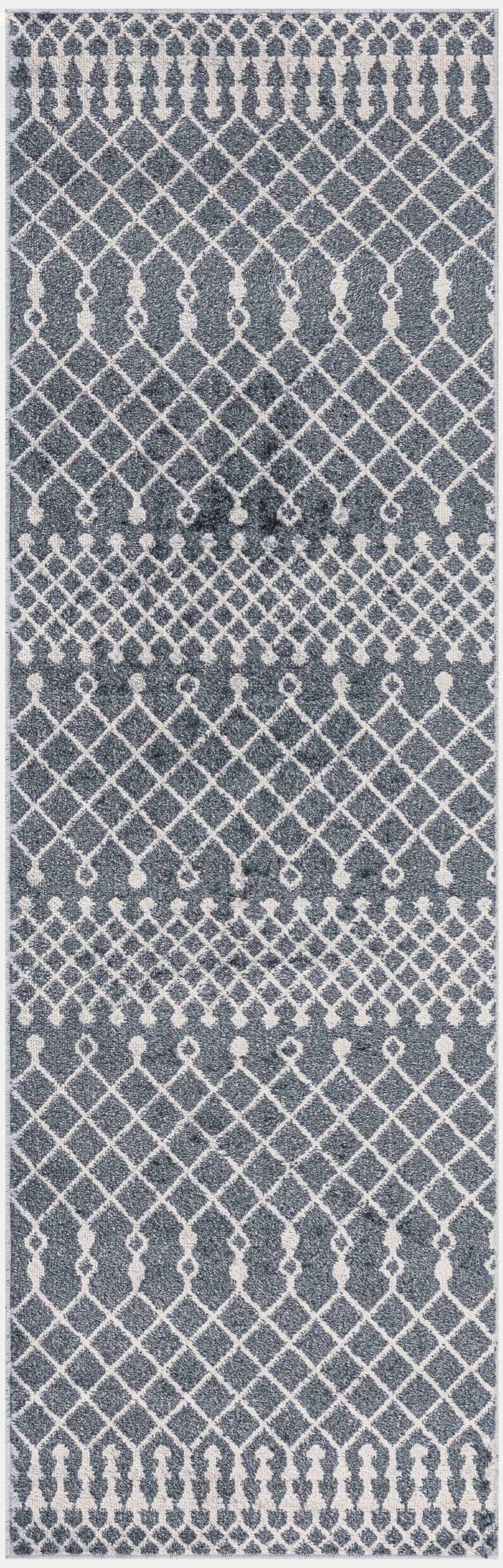Gray-blue woven rug with white lattice and teardrop motifs in geometric horizontal bands for modern living spaces.