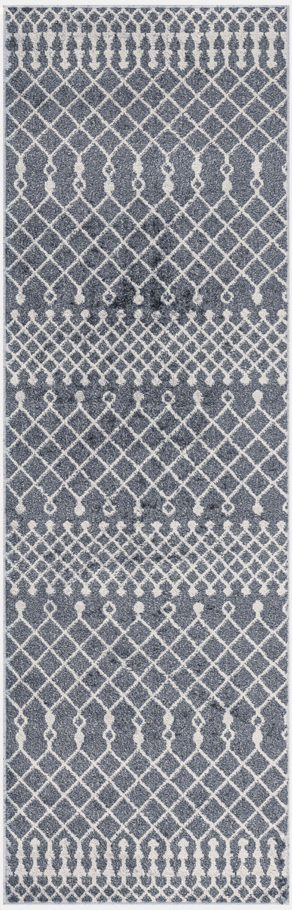 Gray-blue woven rug with white lattice and teardrop motifs in geometric horizontal bands for modern living spaces.