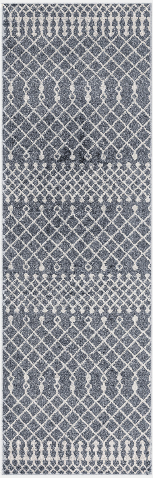 Gray-blue woven rug with white lattice and teardrop motifs in geometric horizontal bands for modern living spaces.