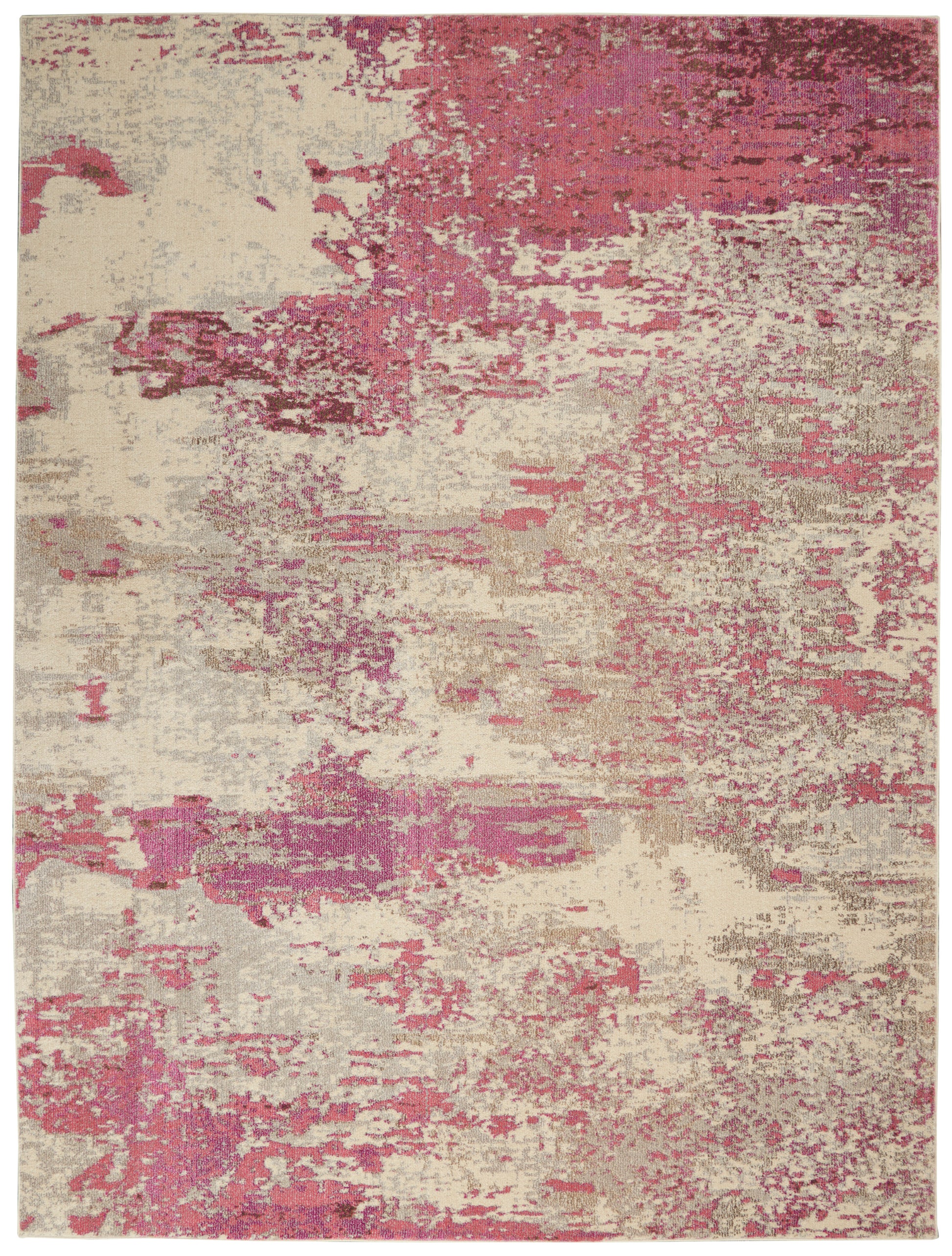 Rectangular abstract rug with beige cream base and pink/mauve irregular distressed patches; modern vintage look.