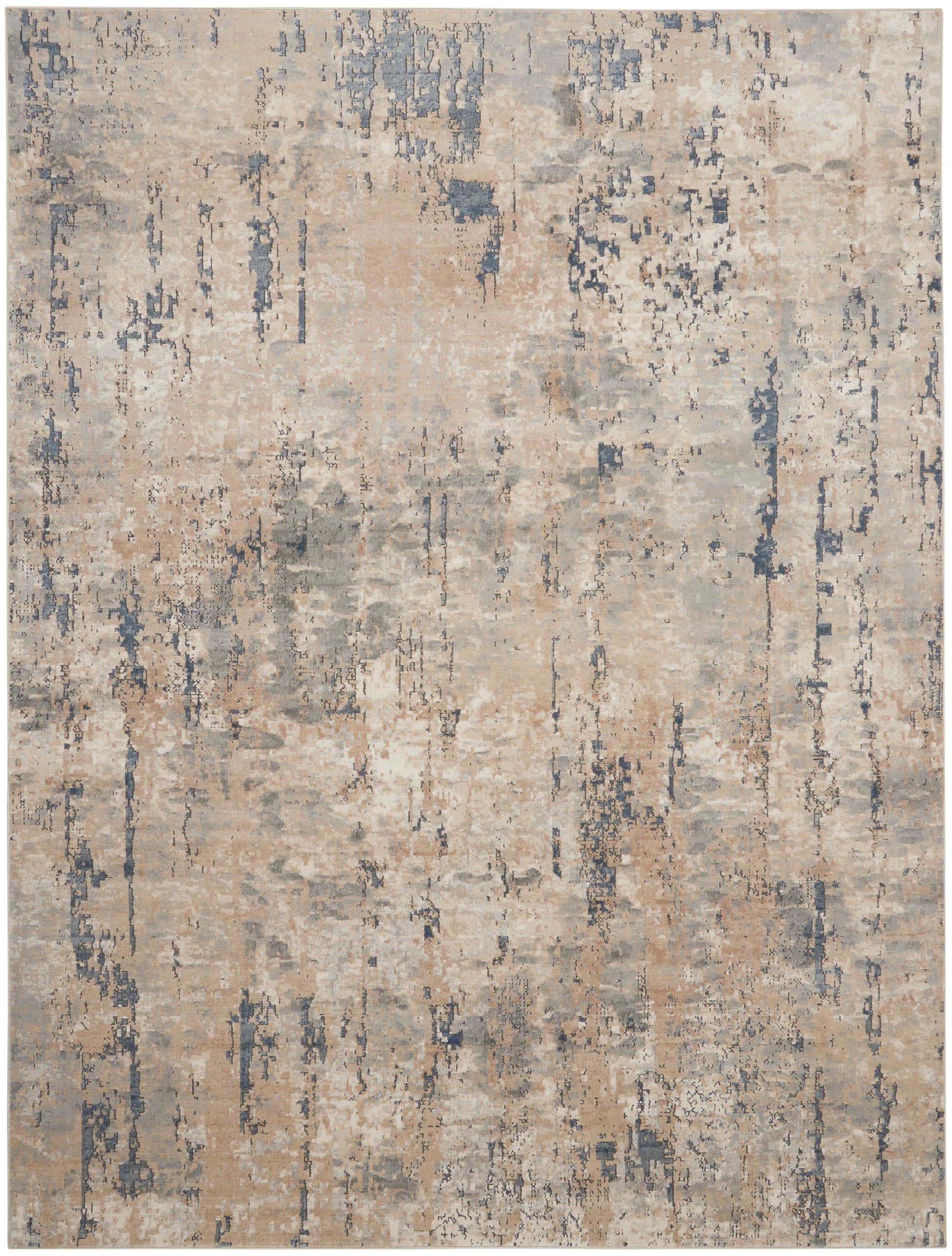Rectangular area rug in beige, tan and blue-gray with a distressed abstract pattern; modern-vintage style.