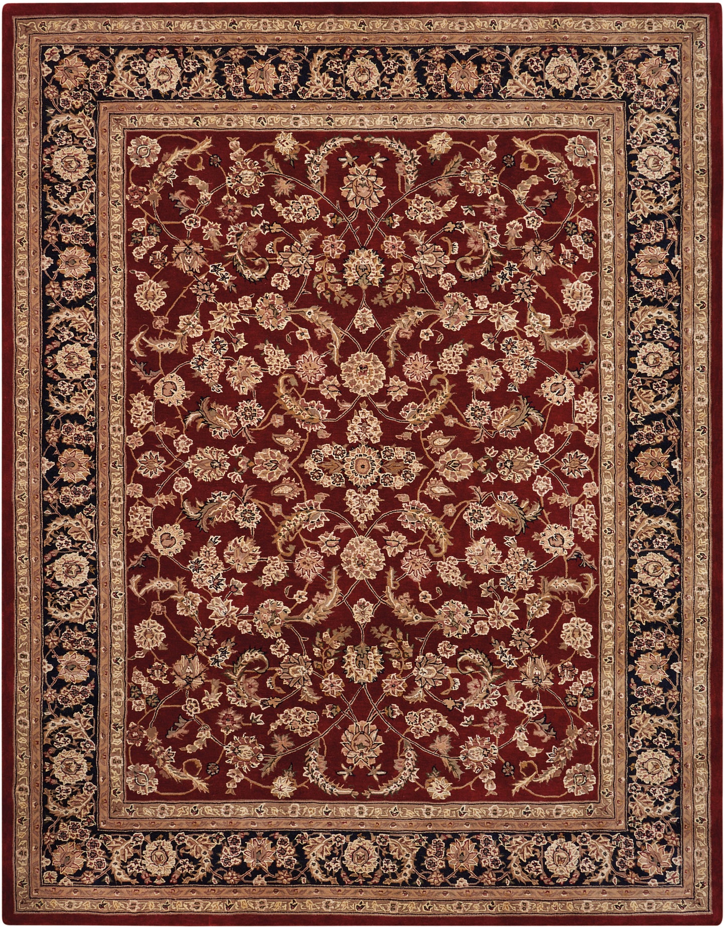 Persian-style rug with burgundy field, gold-tan floral lattice, cream borders, and a dark outer border.