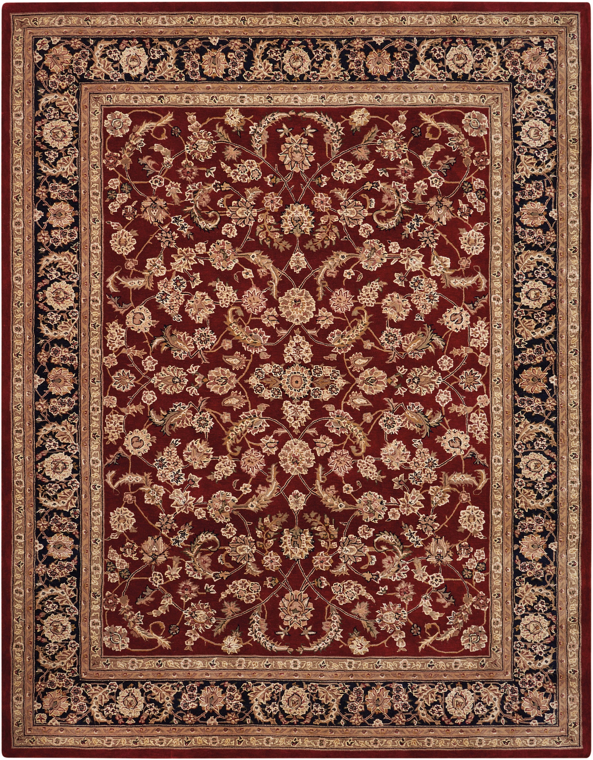 Persian-style rug with burgundy field, gold-tan floral lattice, cream borders, and a dark outer border.