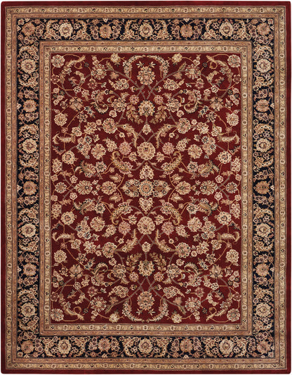 Persian-style rug with burgundy field, gold-tan floral lattice, cream borders, and a dark outer border.