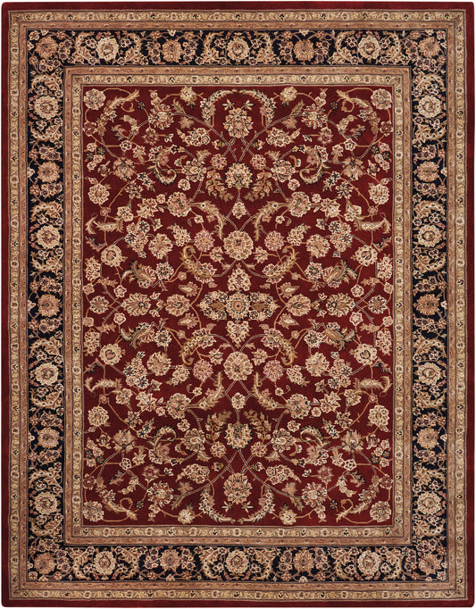 Persian-style rug with burgundy field, gold-tan floral lattice, cream borders, and a dark outer border.