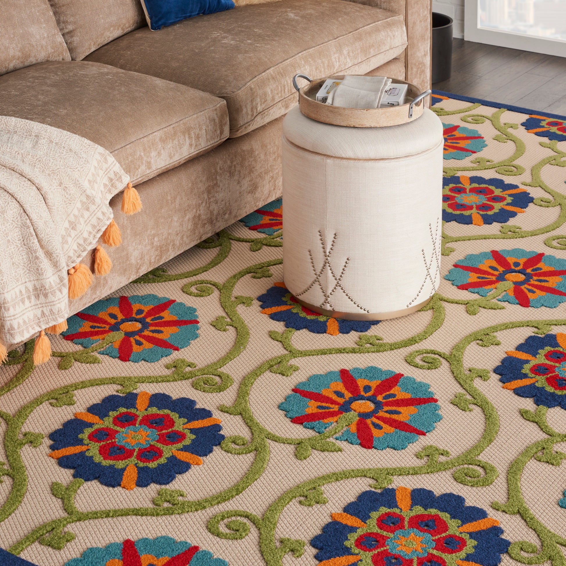 Vivid floral area rug.