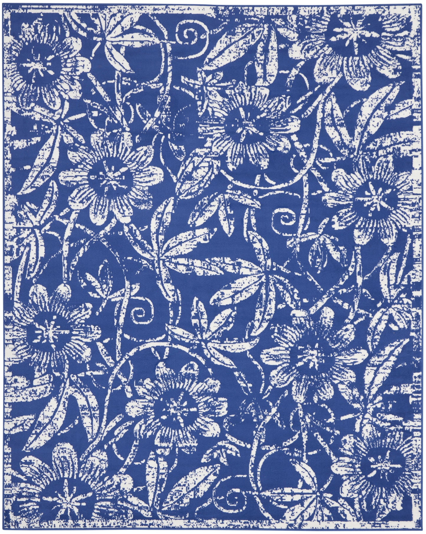 Blue and white floral pattern fabric with vines and blossoms; vintage-style textile for upholstery, curtains, or wallpaper.