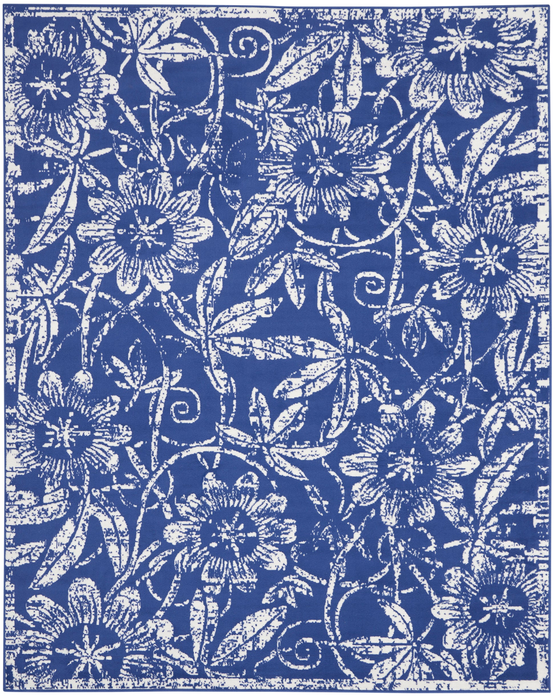 Blue and white floral pattern fabric with vines and blossoms; vintage-style textile for upholstery, curtains, or wallpaper.