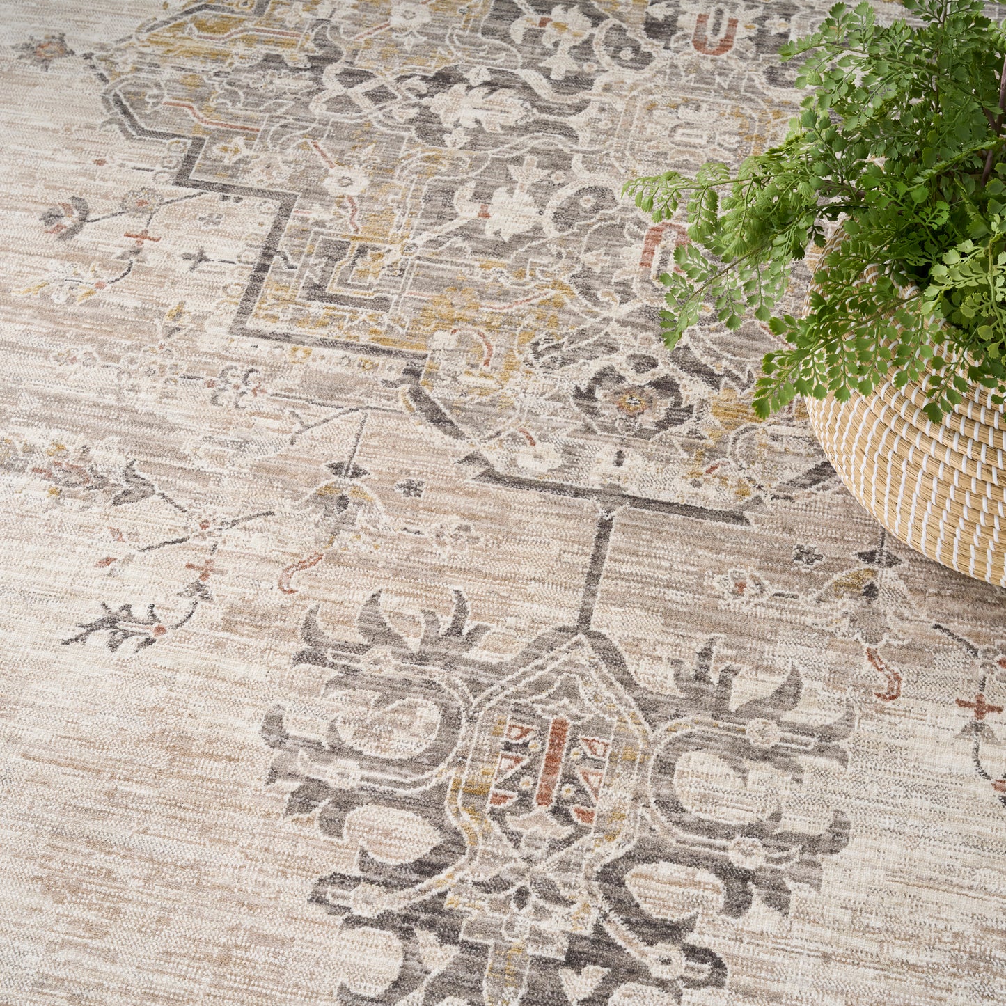 Muted beige vintage-style area rug with faded ornate floral medallion pattern; woven basket with green plant nearby.