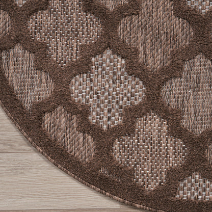 Brown gradient square panel overlaying an outdoor scene with wooden deck and brick wall.
