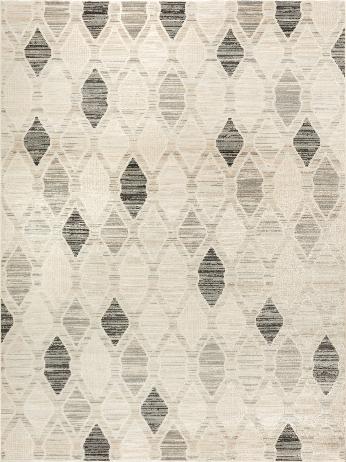 Neutral area rug with cream, beige, and gray diamond lattice, subtle striped accents, woven texture.