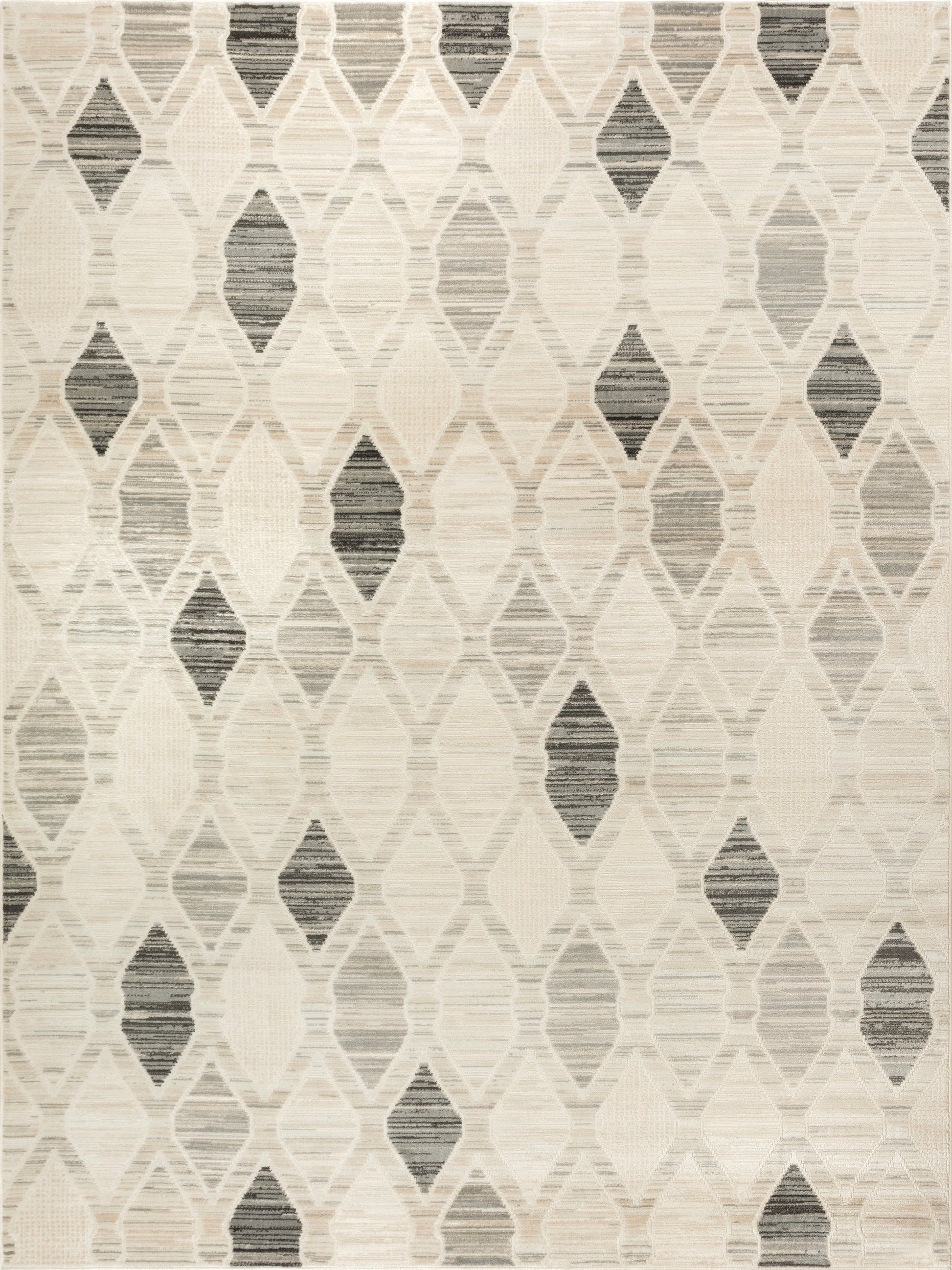 Neutral area rug with cream, beige, and gray diamond lattice, subtle striped accents, woven texture.