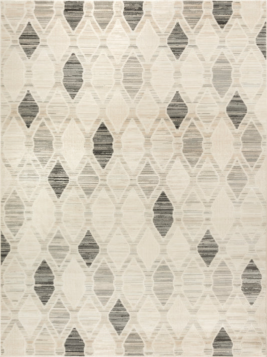 Neutral area rug with cream, beige, and gray diamond lattice, subtle striped accents, woven texture.