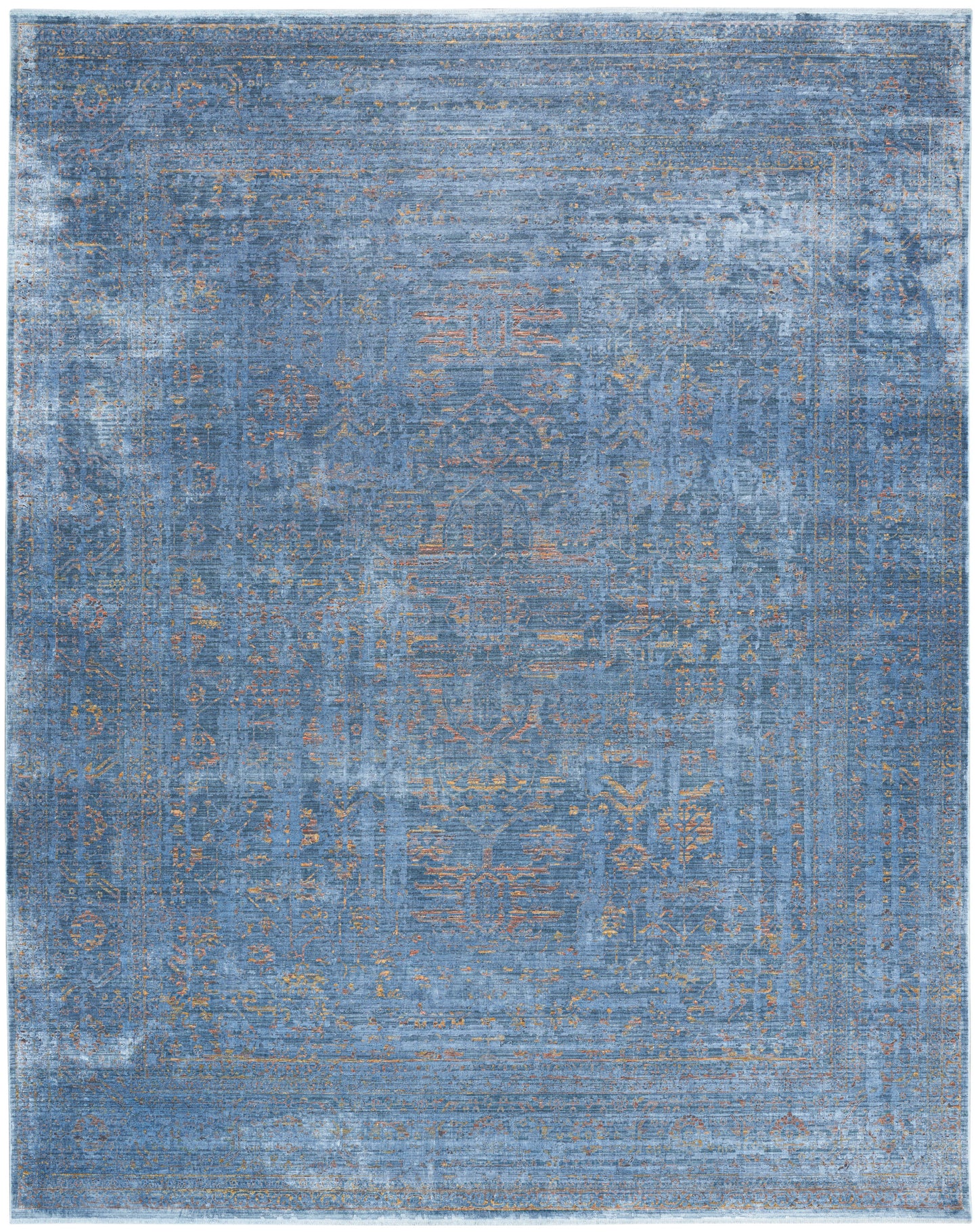 Blue distressed oriental rectangular rug with faded gold accents and ornate central medallion.