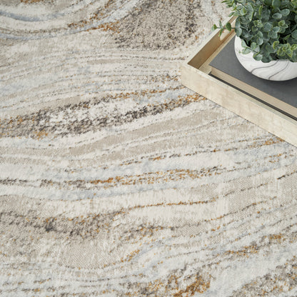 Beige abstract-pattern rug with cream, gray, and tan swirls; wooden tray, stack of books, and potted green plant in a marble pot.