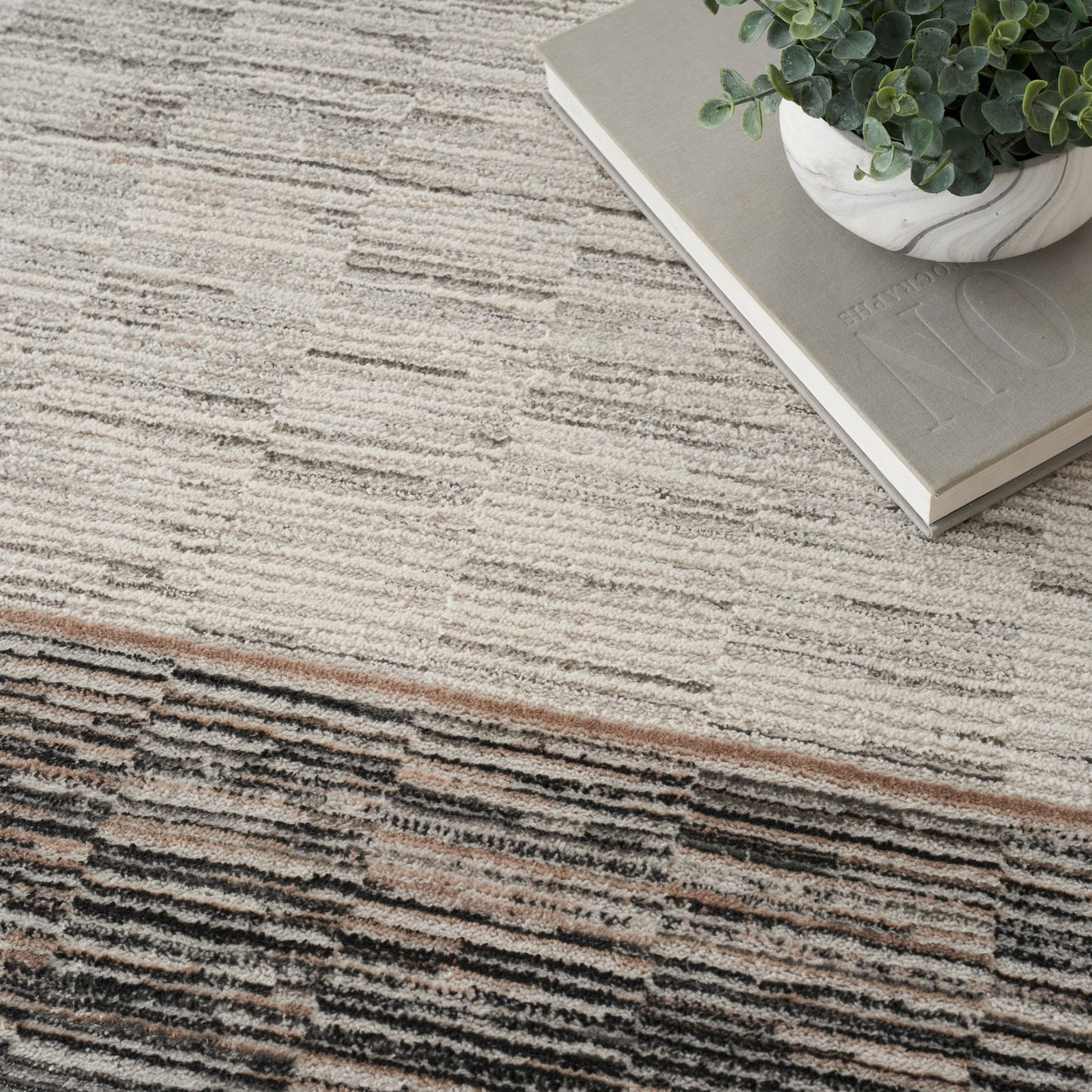 Cream-beige textured area rug with tan & gray stripes; green plant in marble pot resting on a gray hardcover book.