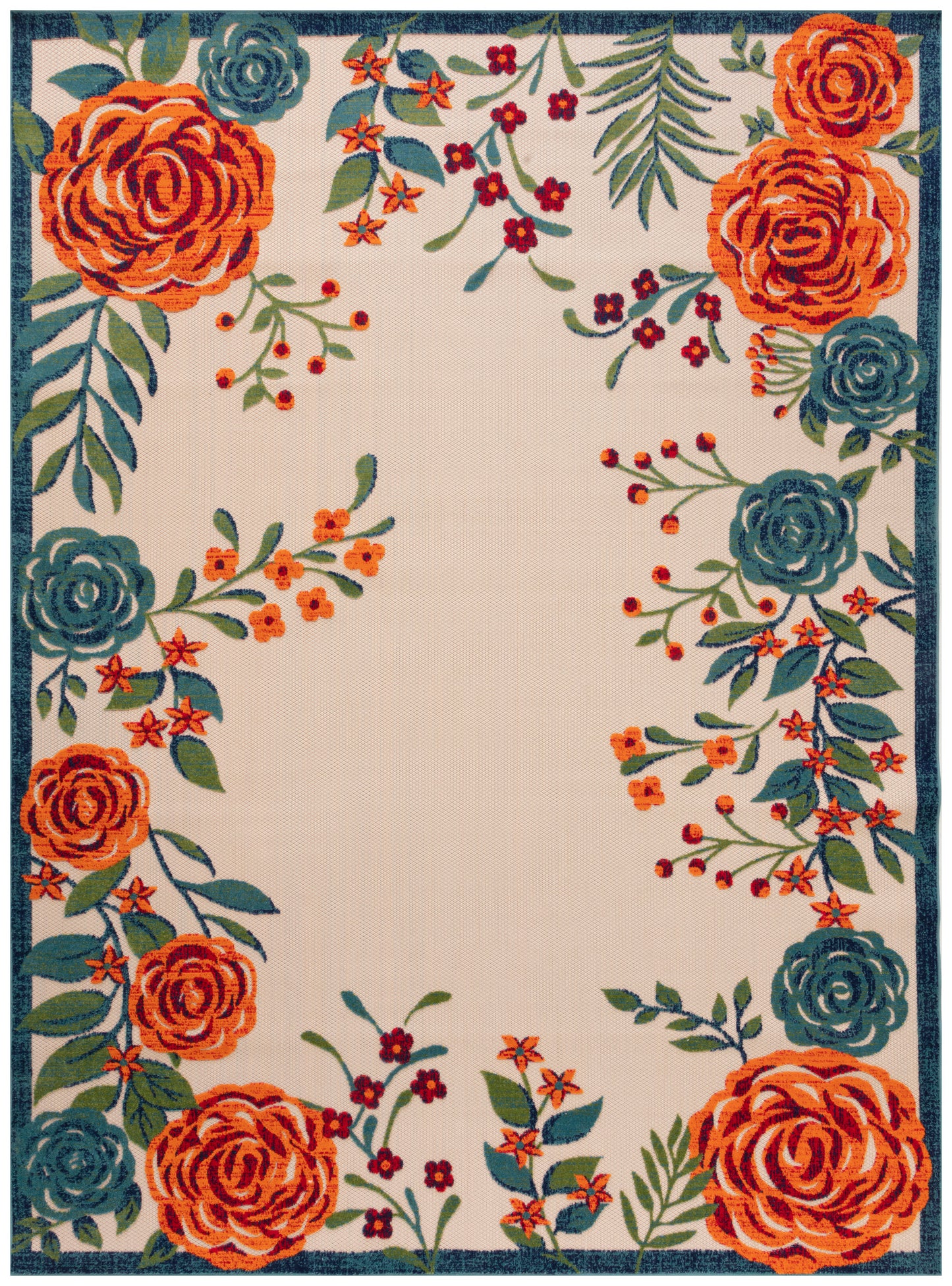 Floral border rug with large orange roses, teal blooms & green leaves framing a beige center and dark teal edge.