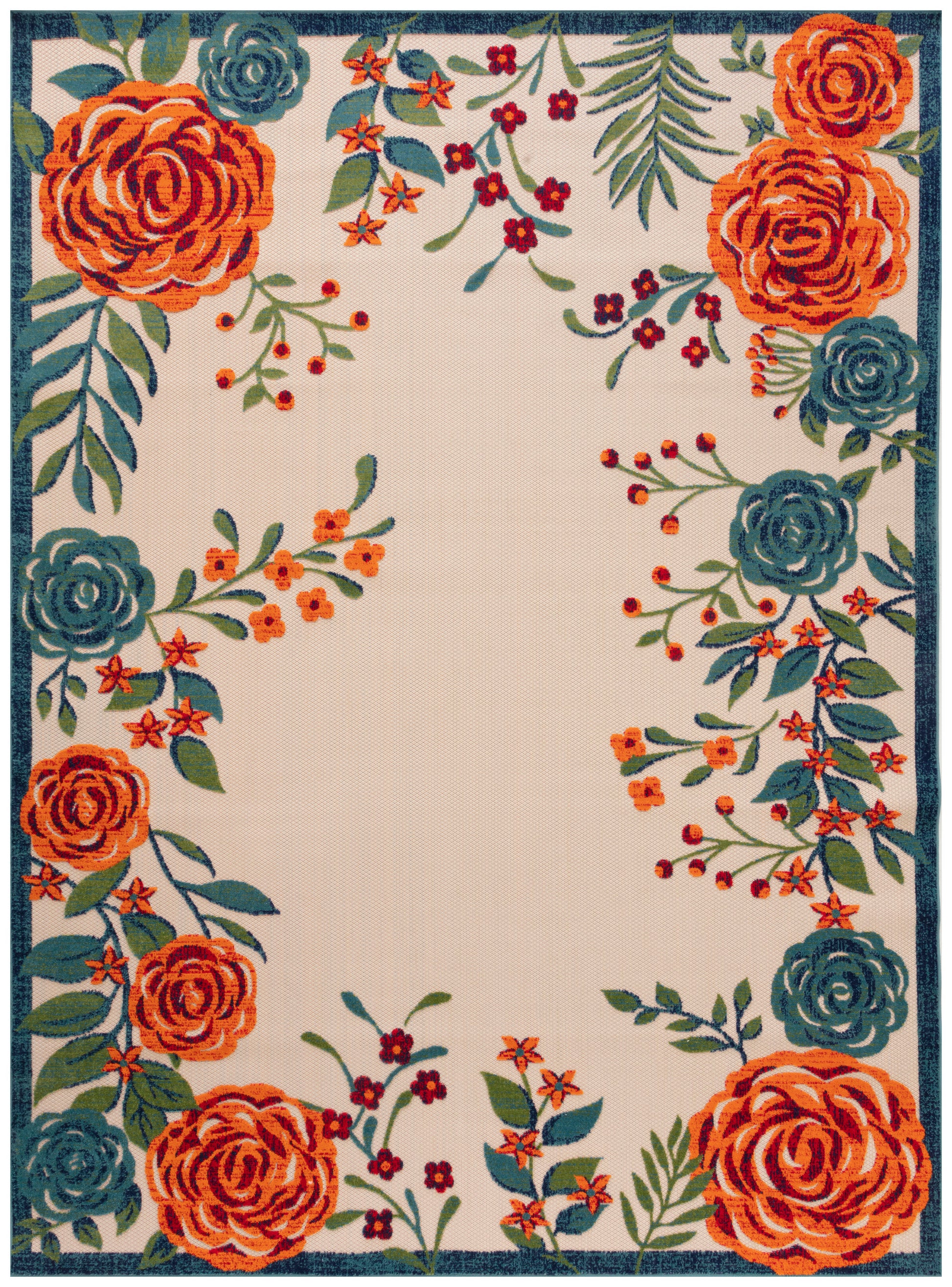 Floral border rug with large orange roses, teal blooms & green leaves framing a beige center and dark teal edge.