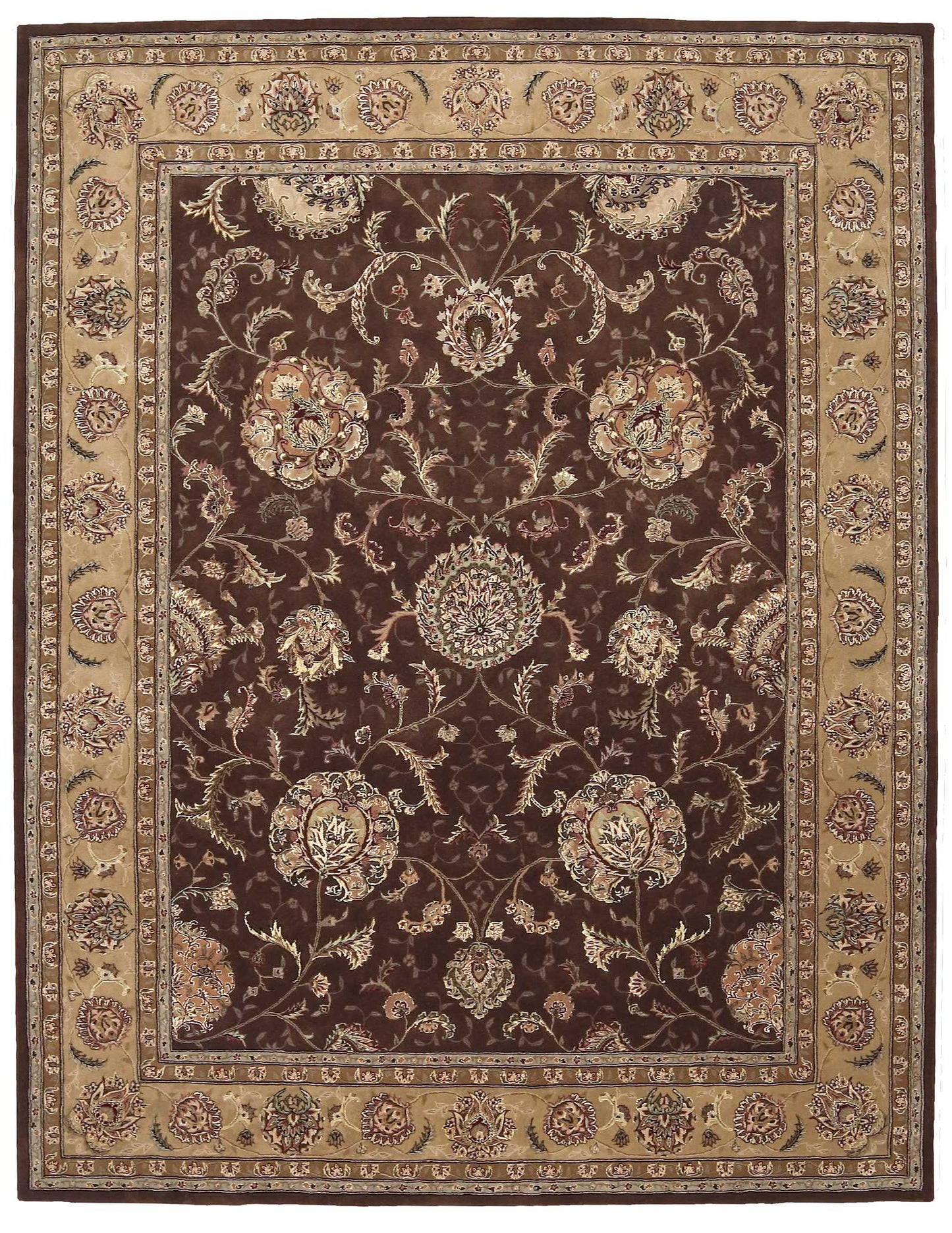 Traditional dark brown Oriental rug with ivory floral medallions, scrolling vines, and a gold-beige ornate border.