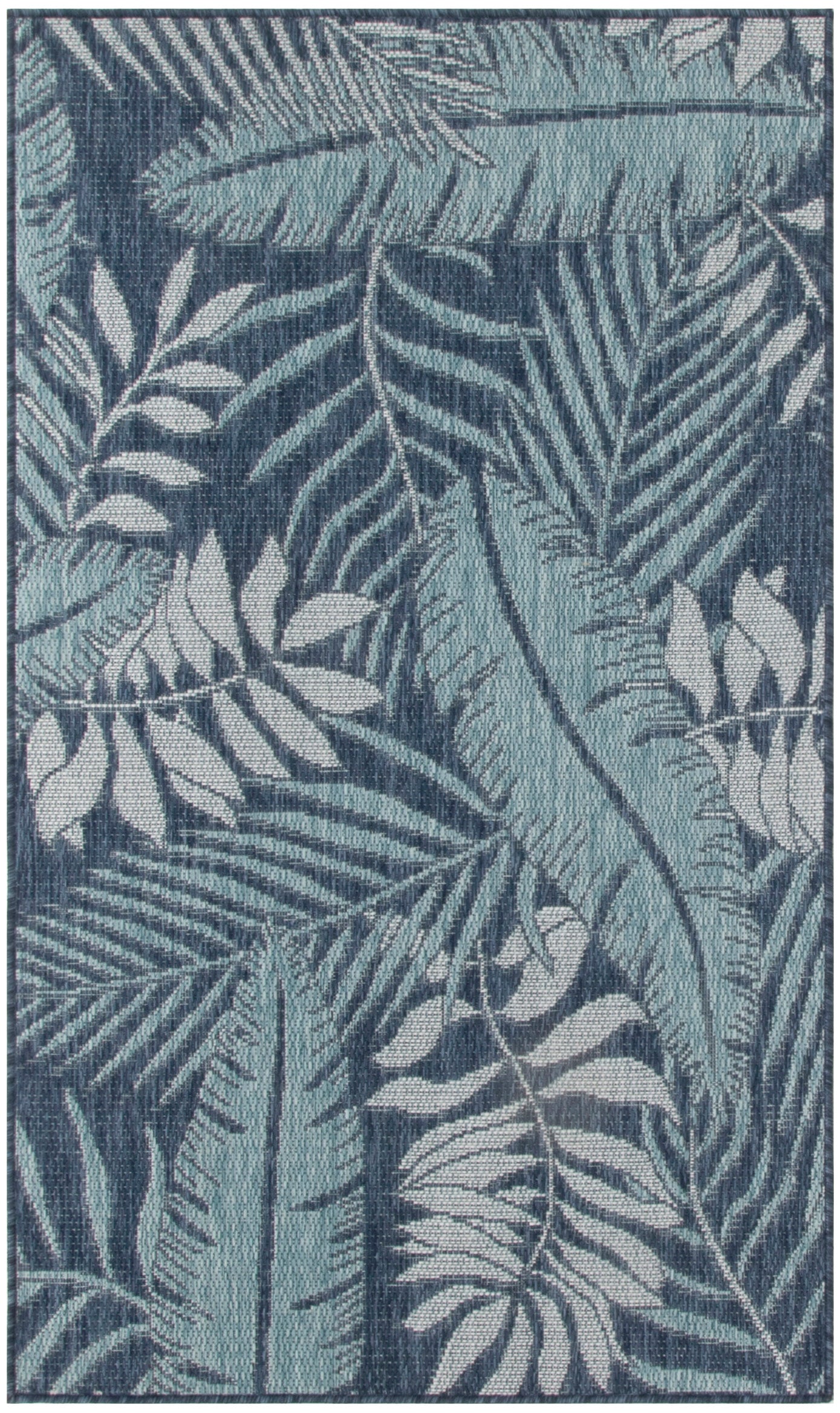 Rectangular blue tropical leaf rug with woven texture and layered palm fronds in light and dark blue tones.