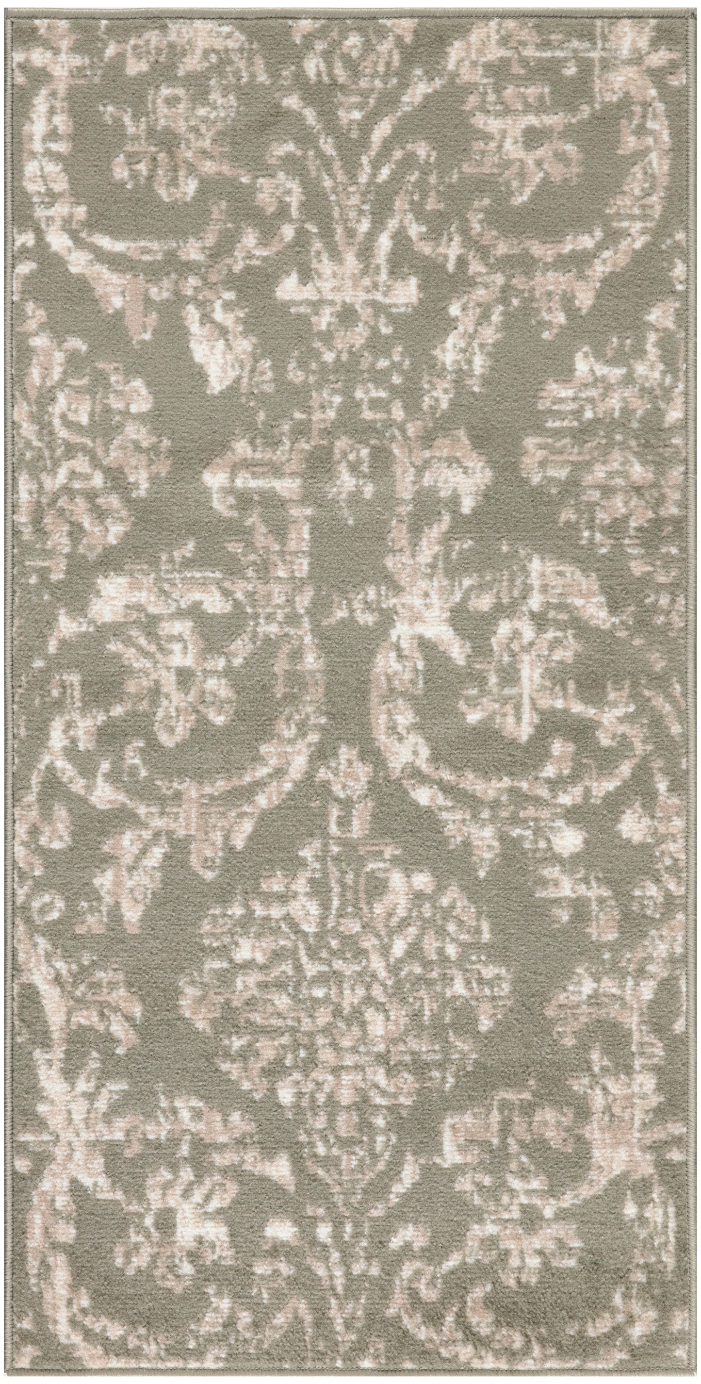 Rectangular taupe-gray rug with pale pink damask pattern; plush, vintage-style indoor decor.