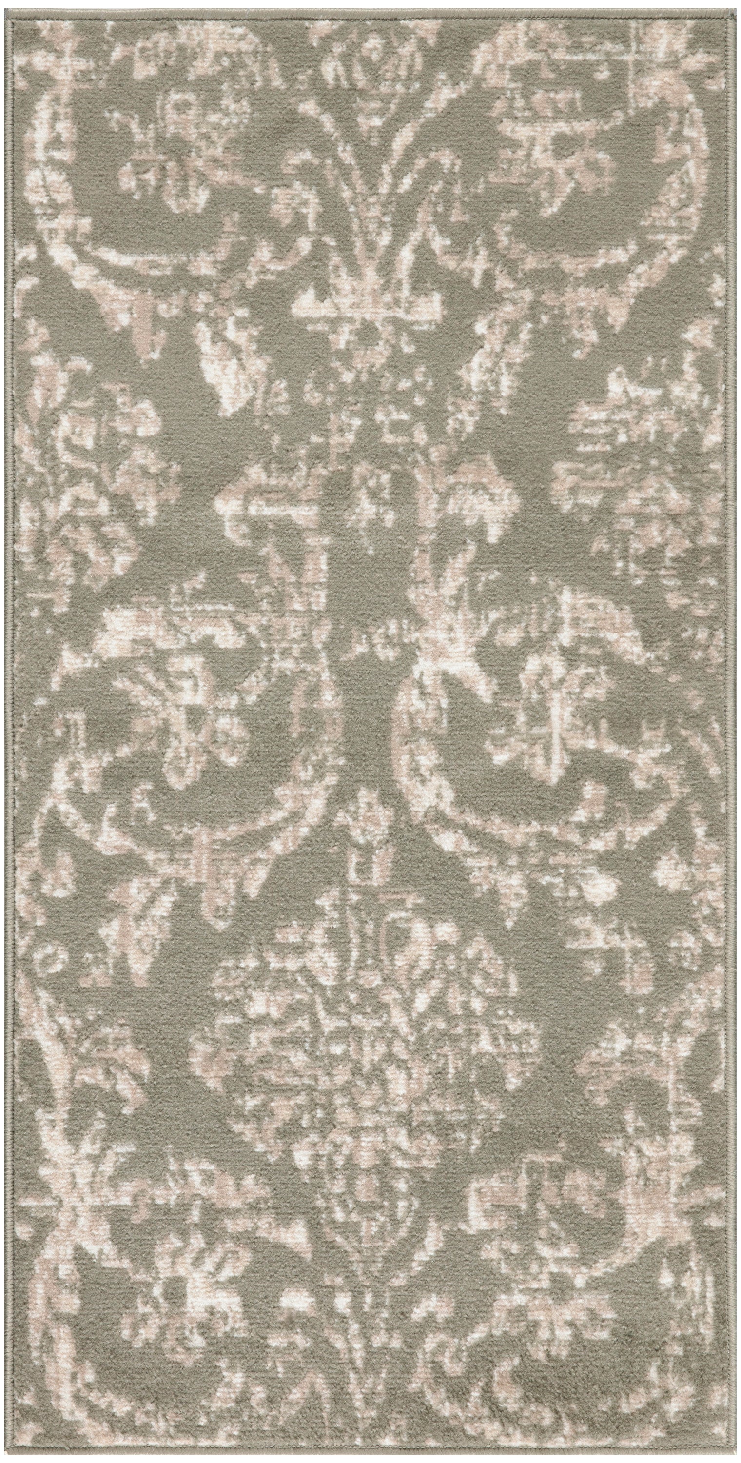 Rectangular taupe-gray rug with pale pink damask pattern; plush, vintage-style indoor decor.