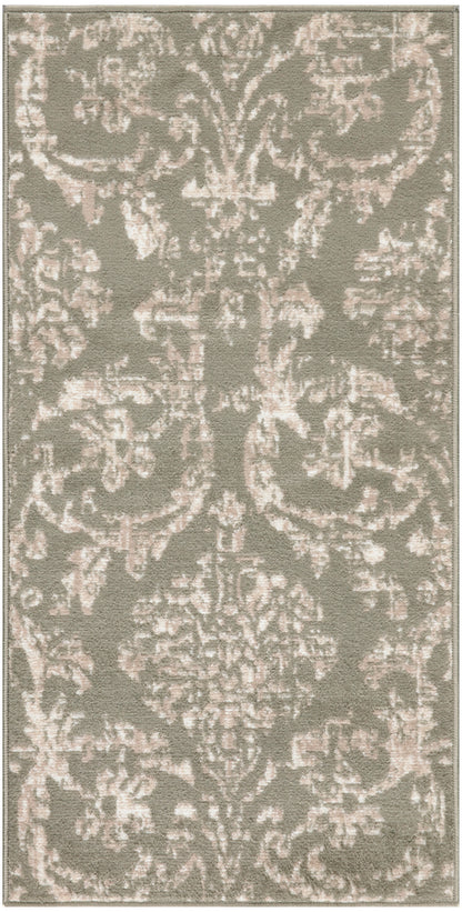 Rectangular taupe-gray rug with pale pink damask pattern; plush, vintage-style indoor decor.
