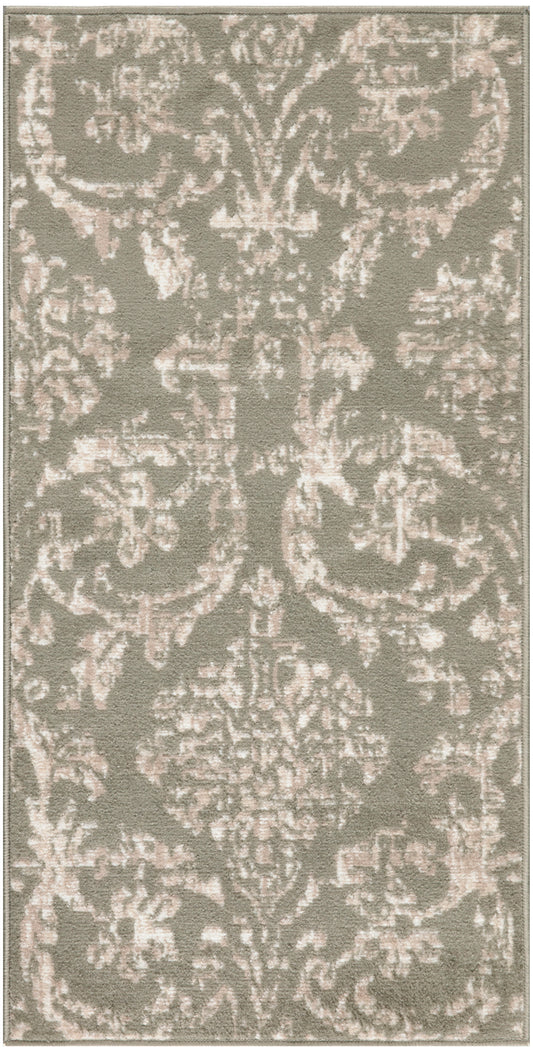 Rectangular taupe-gray rug with pale pink damask pattern; plush, vintage-style indoor decor.
