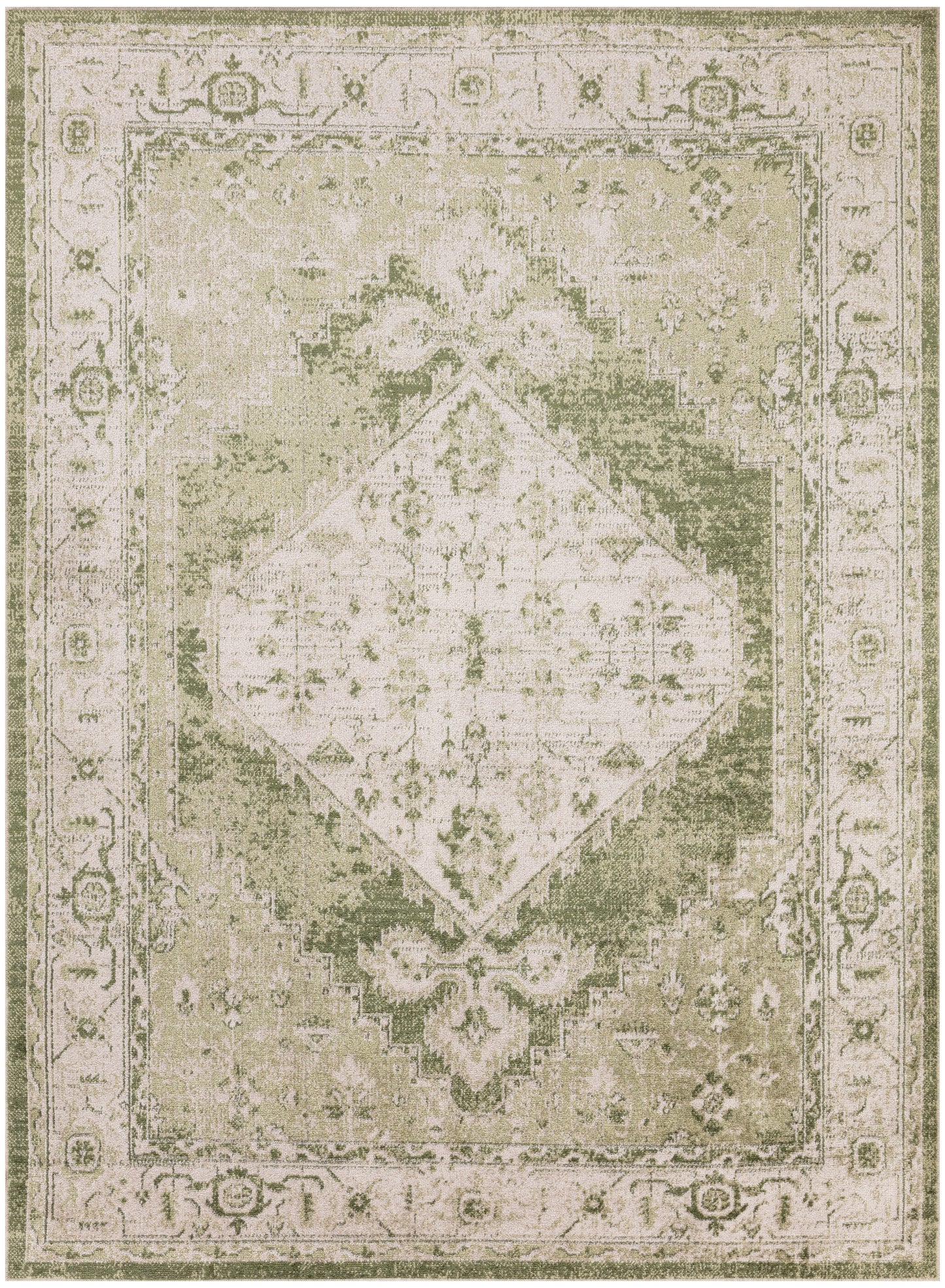 Distressed beige-green oriental rug with diamond central medallion and floral border.