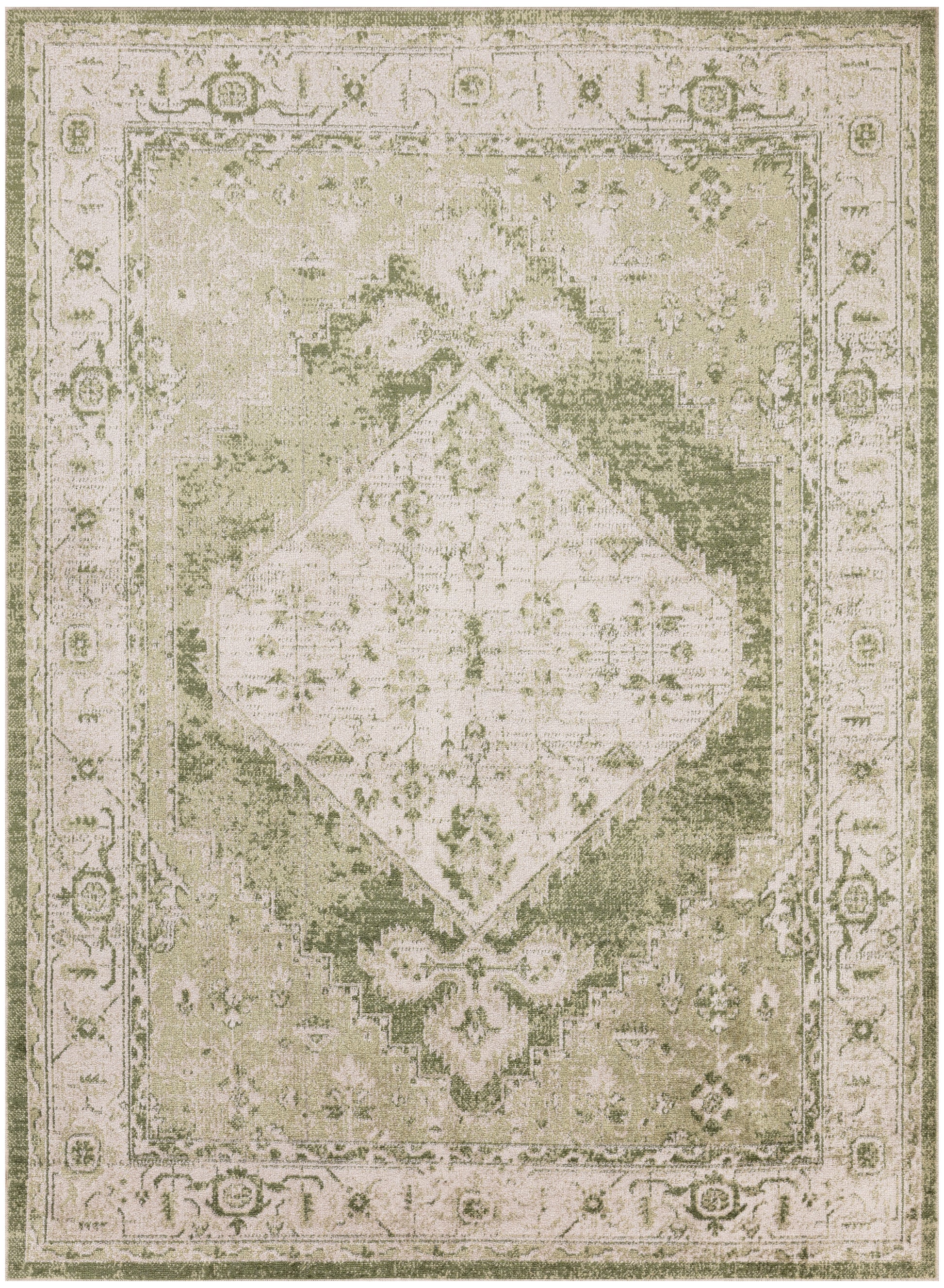 Distressed beige-green oriental rug with diamond central medallion and floral border.