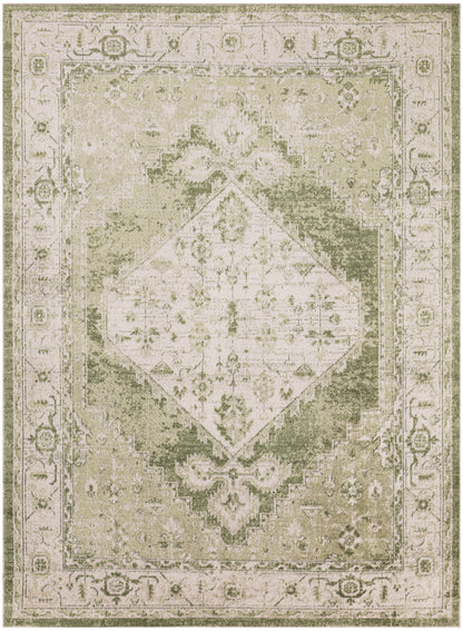 Distressed beige-green oriental rug with diamond central medallion and floral border.