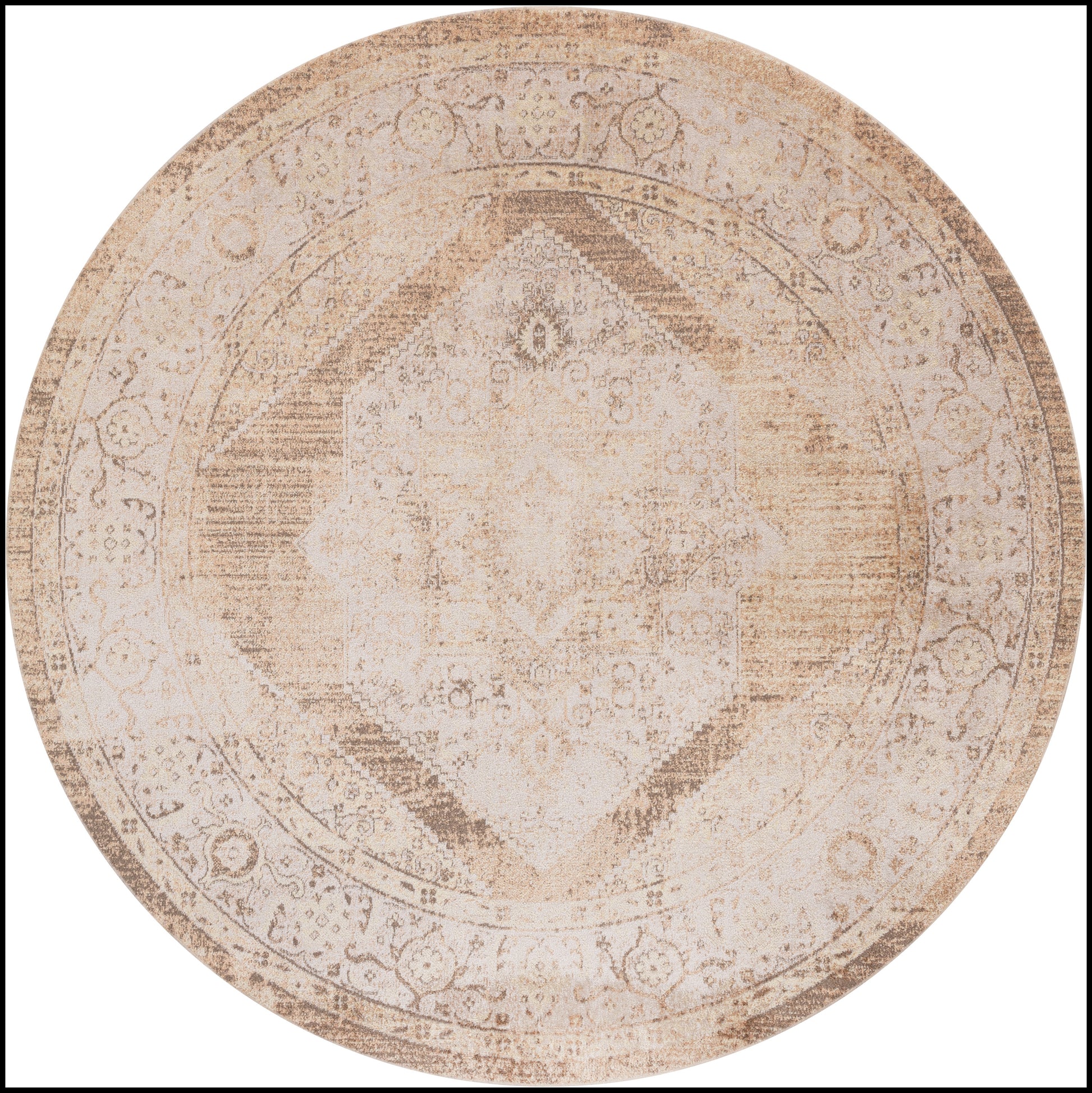 Round beige rug with faded vintage oriental medallion, soft woven texture and warm neutral tones.