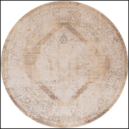 Round beige rug with faded vintage oriental medallion, soft woven texture and warm neutral tones.