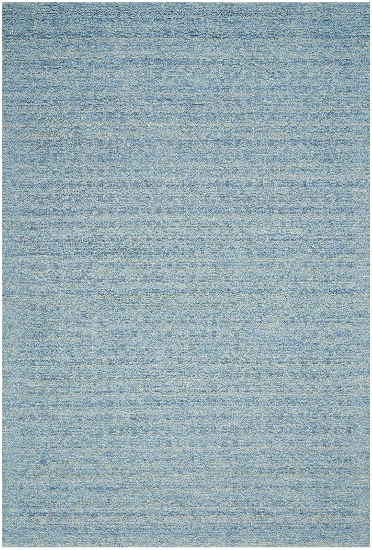 Blue textured area rug with subtle tonal striations, rectangular shape, modern casual style, great for living rooms.