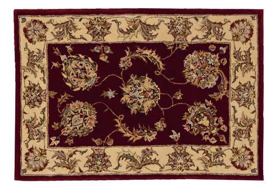 Rectangular rug: deep burgundy center with cream ornate border and floral vine motifs; traditional oriental-style.