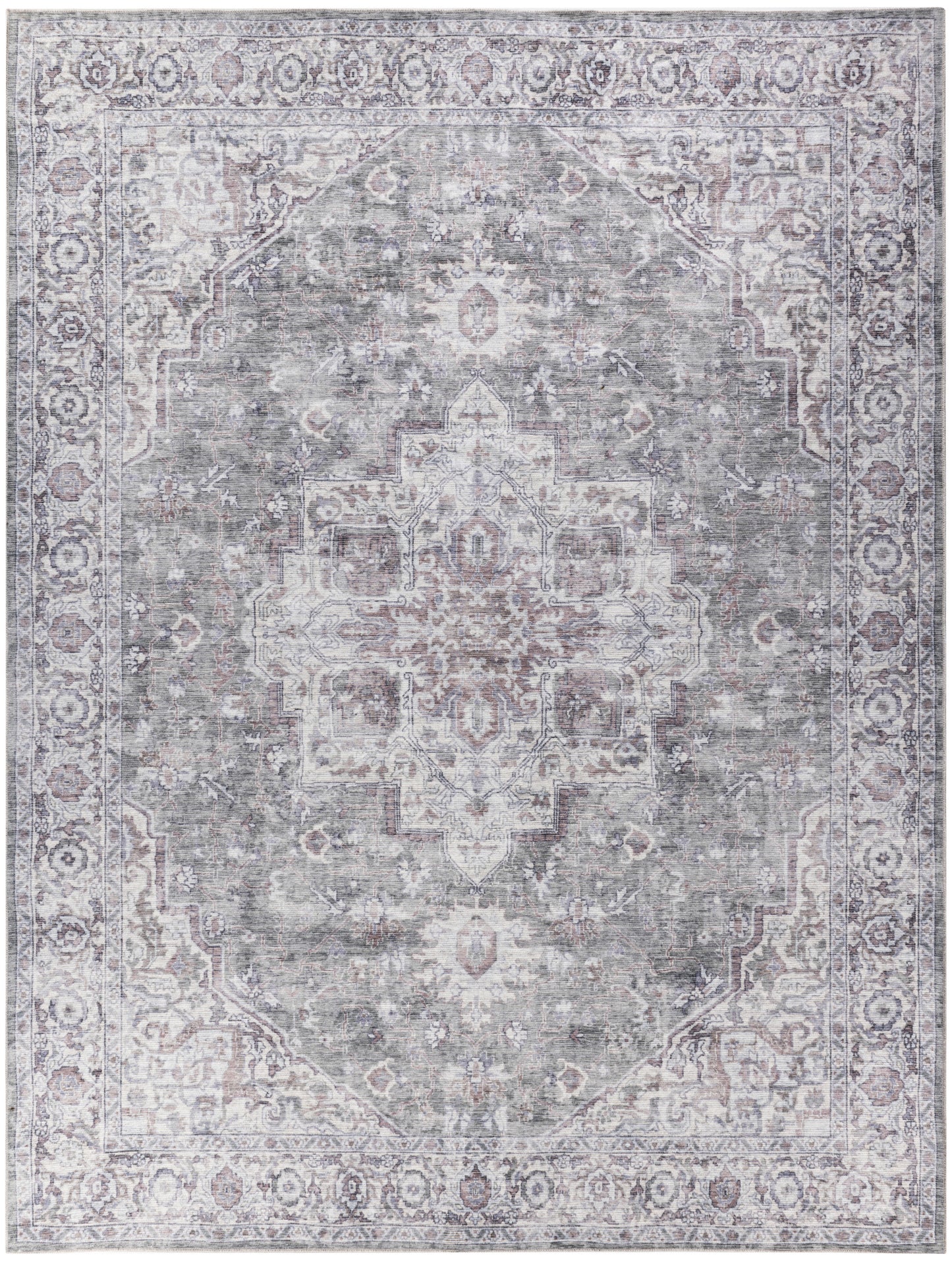 Distressed gray-blue Persian rug with centered medallion, ivory detailing and ornate floral border.
