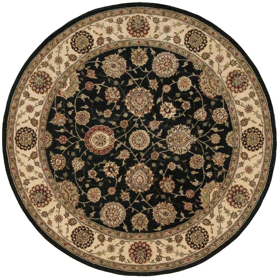 Round Oriental rug with black central field and cream border, featuring gold and burgundy floral motifs.