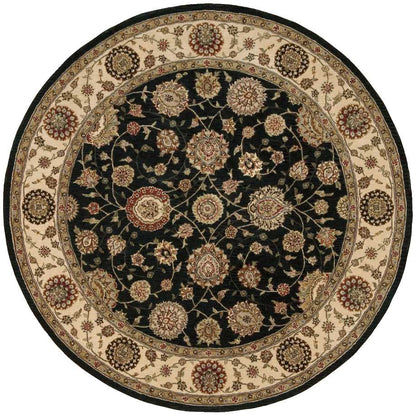 Round Oriental rug with black central field and cream border, featuring gold and burgundy floral motifs.