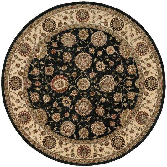 Round Oriental rug with black central field and cream border, featuring gold and burgundy floral motifs.
