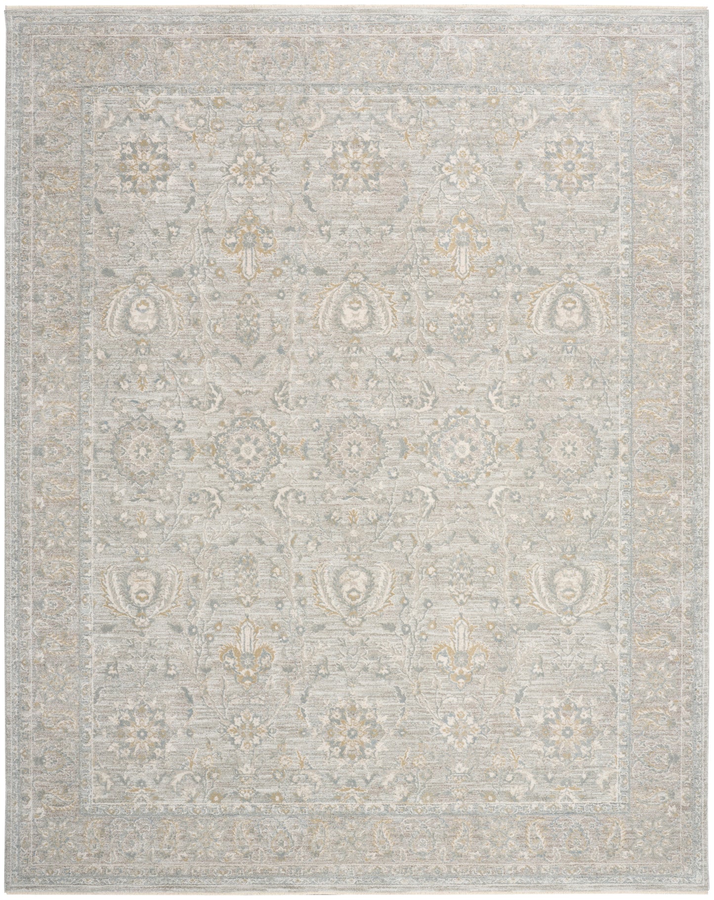 Light gray vintage Persian-style area rug with subtle cream patterns, floral medallions, ornate border, versatile accent.