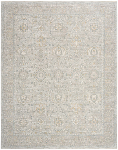 Light gray vintage Persian-style area rug with subtle cream patterns, floral medallions, ornate border, versatile accent.