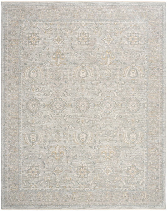 Light gray vintage Persian-style area rug with subtle cream patterns, floral medallions, ornate border, versatile accent.