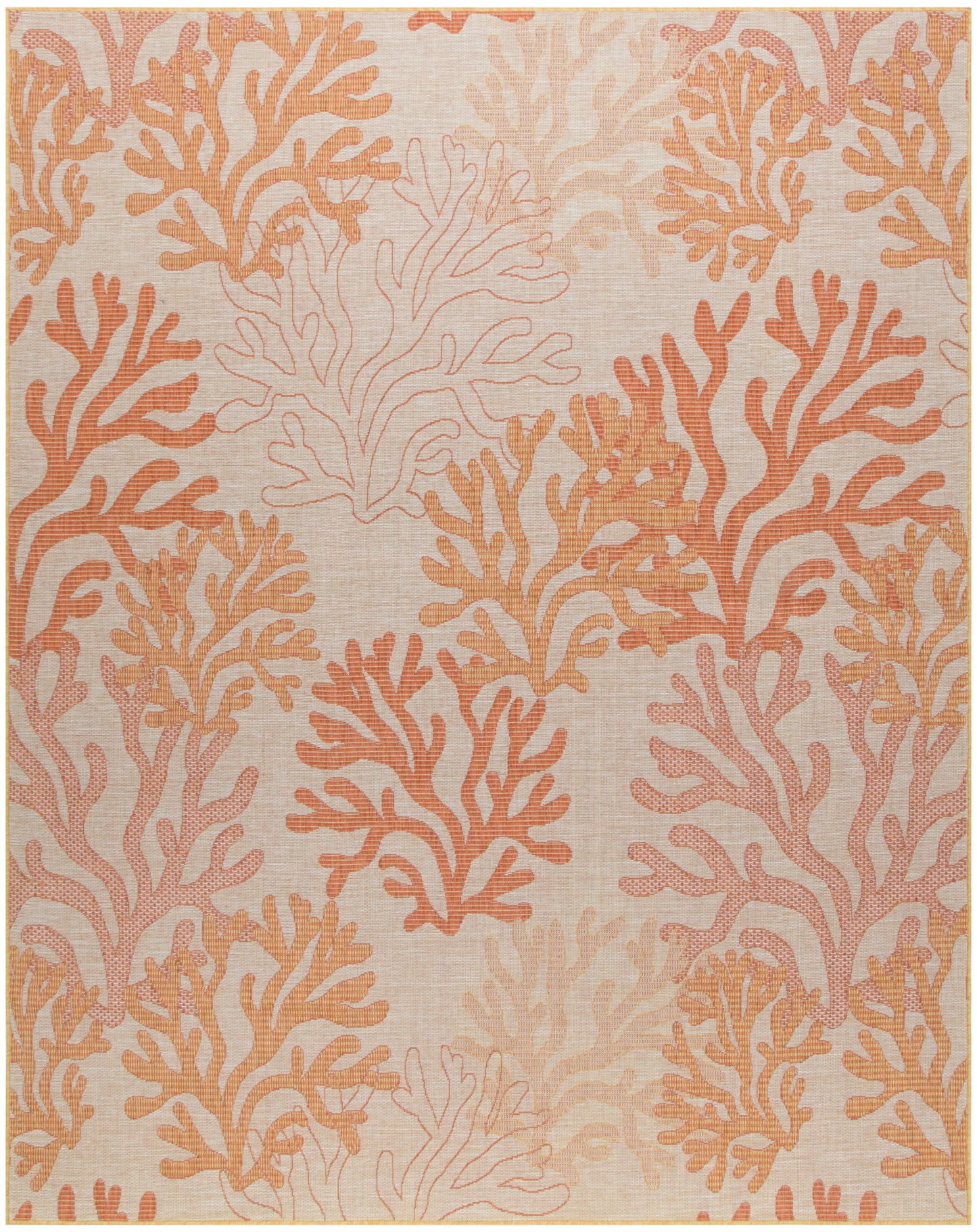 Rectangular woven rug with peach and orange coral reef motifs on a beige background.
