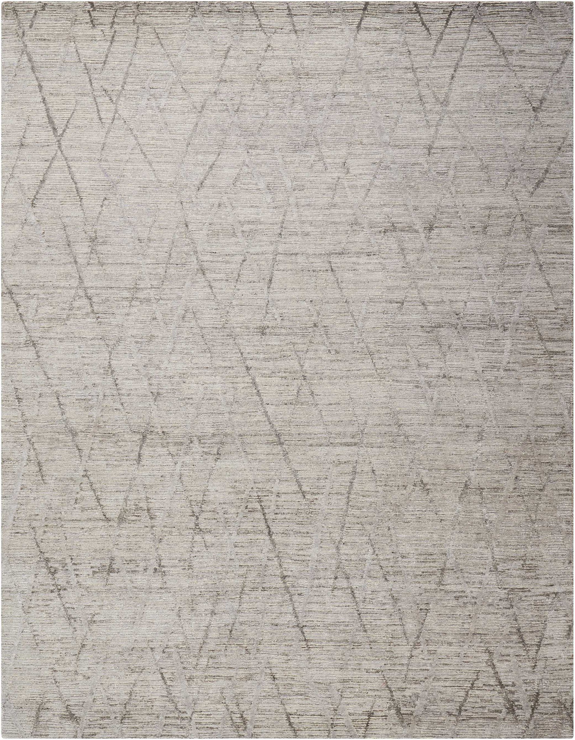 Neutral gray-beige area rug with a subtle geometric diamond motif in taupe lines.