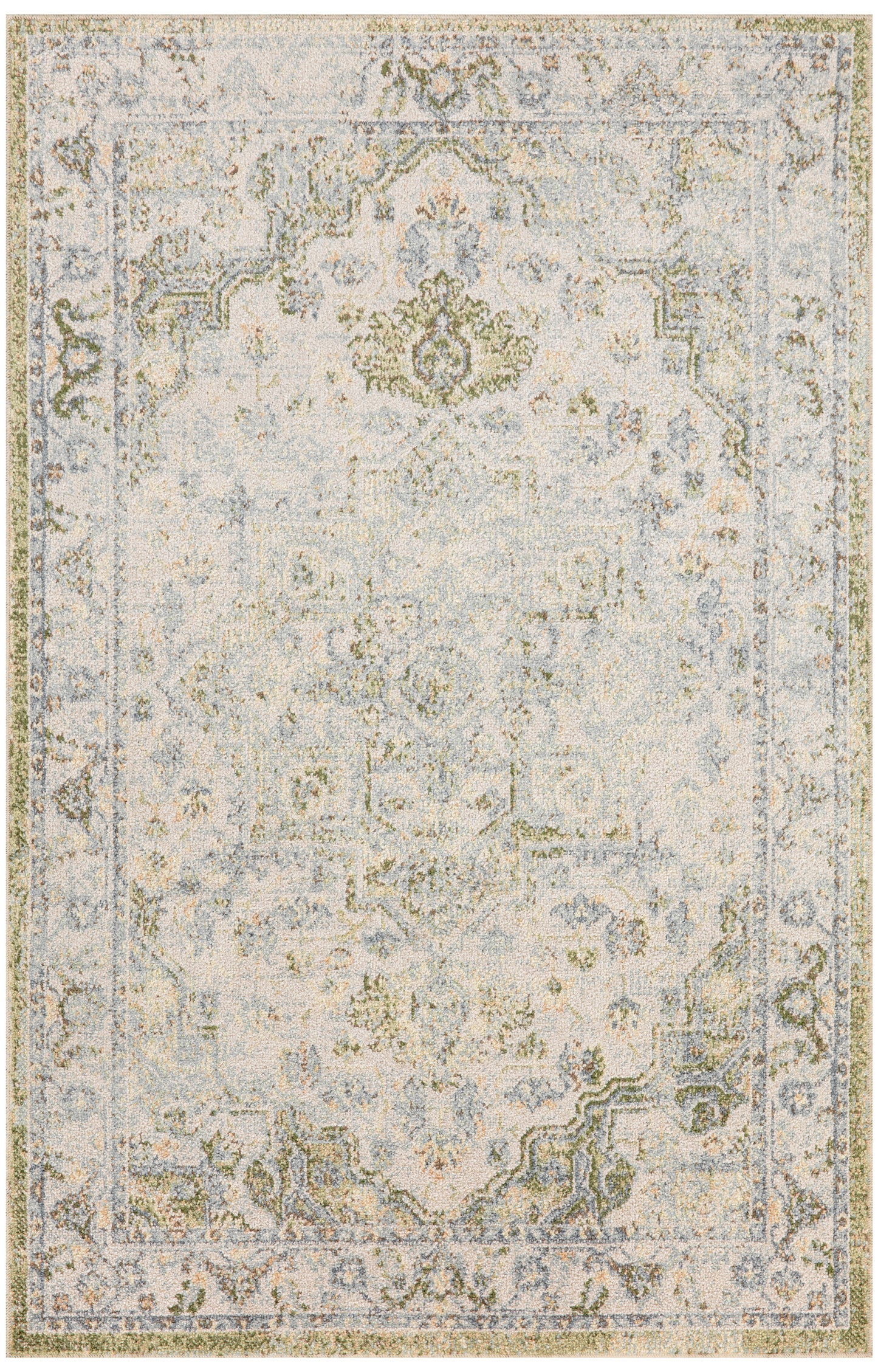Rectangular distressed oriental rug in ivory and pale blue with floral medallion and ornate border.